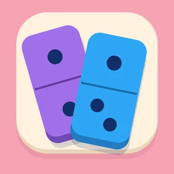 Dominoris app icon: two cut-paper dominoes, purple and blue, on pink