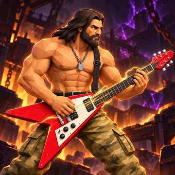 Riffbound app icon: a long-haired rock star playing a red Flying V guitar in front of fire